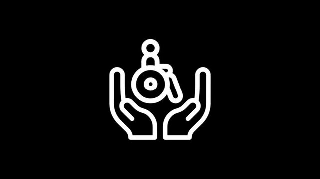 Icon of hands holding a wheelchair symbol representing accessibility and support