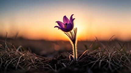 Fototapeta premium Lone purple wildflower blooms in warm sunset light. Delicate plant grows from soil with dry grass. Soft sun flares behind single blossom, nature beauty.