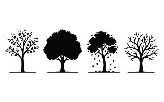Set of four black tree silhouettes showing different seasons including spring summer autumn and winter isolated on white background