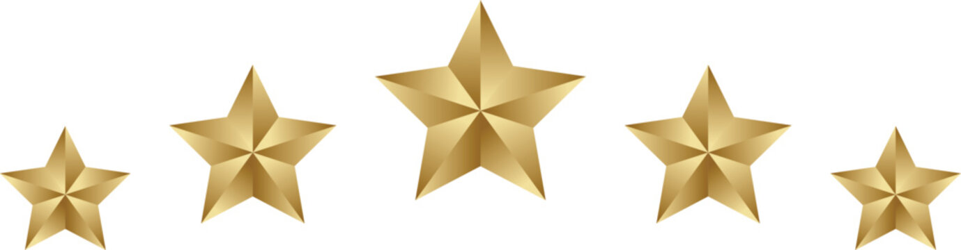 3D golden five star rating graphic. arched gold star customer review feedback elements. quality award 5 Star Review. Five Gold Stars Rating Customer Feedback