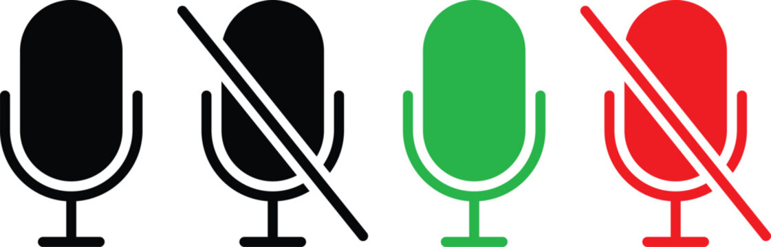 microphone icon set. mic on and off mute status sign. green and red graphic elements for audio voice recording