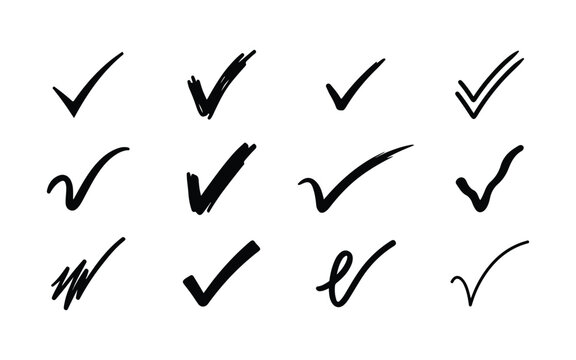 Set of twelve hand drawn black ink check mark symbols isolated on a white background for business design and task management
