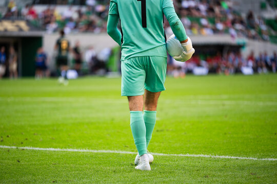 Soccer goalkeeper standing on the pitch during a professional football match, field and spectators in background.