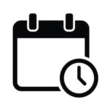 Black calendar icon with a clock symbol representing time management and scheduling isolated on a white background