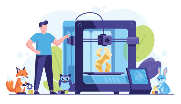 Creative man showcasing a modern 3D printer to cute woodland animals including a fox, an owl, and a blue rabbit.