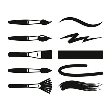 Set of black paint brushes and hand drawn brush stroke shapes isolated on white background
