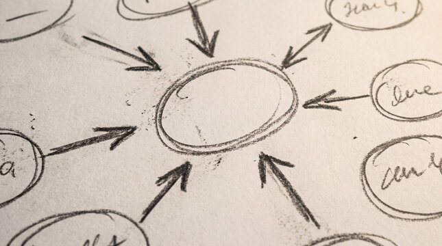 Hand-drawn pencil arrows pointing to central circle on blank sketch paper for brainstorming or workflow design
