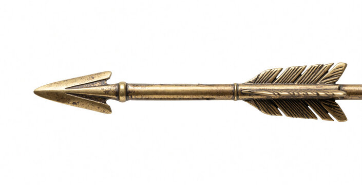 Ornate brass arrow with detailed fletching and arrowhead isolated on white. Symbolizes direction journey quest aim precision target success. Antique artifact object.
