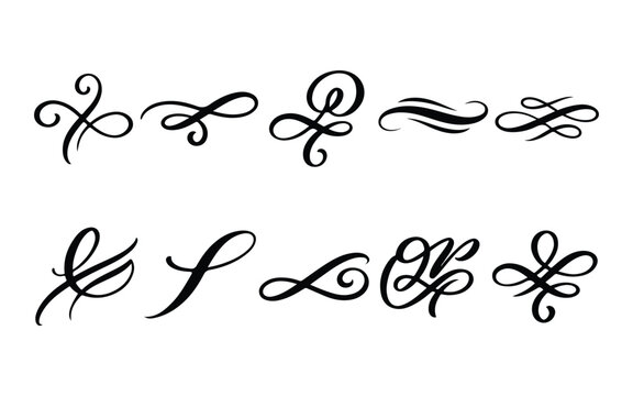 Set of black ink hand drawn flourish swirl ornaments isolated on a white background for wedding invitations and retro designs