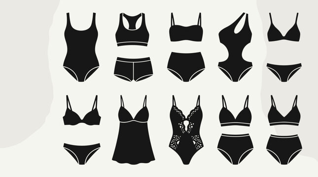 Women swimwear lingerie silhouette vector icon set flat fashion black design
