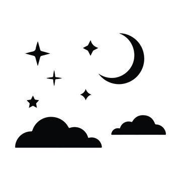 Black silhouette icon of a crescent moon with twinkling stars and fluffy clouds isolated on a simple clean white background