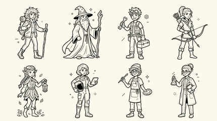 Obraz premium Fantasy RPG character class line art vector set wizard warrior archer doodle illustration