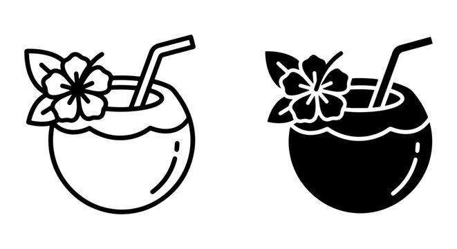 Tropical Coconut Drink Icons, Refreshing Beverage Vector Set, Summer Cocktail Graphics, Beach Party Elements