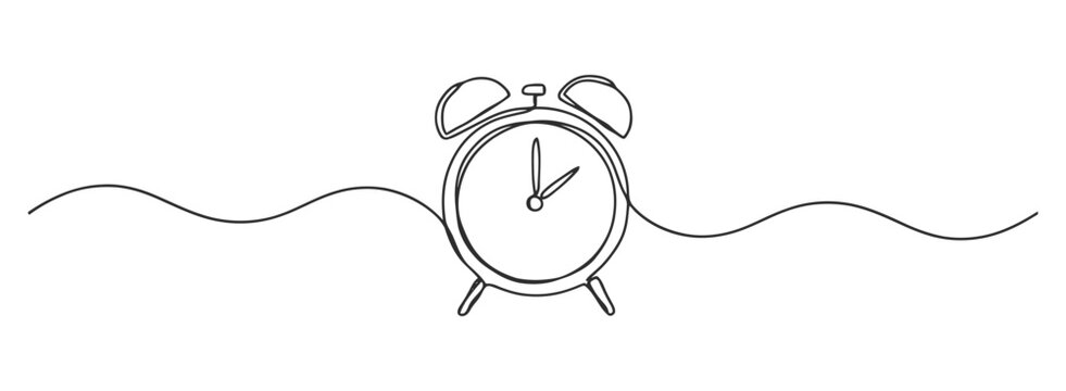 Continuous line drawing of a retro alarm clock positioned on a horizontal wavy line with schedule, continuous