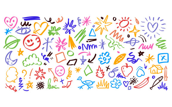 Doodle Elements Colorful Hand Drawn Scribbles, Shapes, Icons  Symbols on White Background