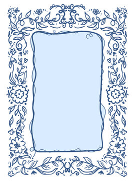 Blue Floral Border Frame with Copy Space - Hand Drawn Decorative Element