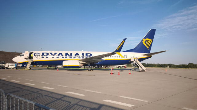 August 2026. Germany. Karlsruhe Baden-Baden Airport. Commercial passenger aircraft Ryanair parked on airport apron with boarding stairs. Aviation and air travel concept