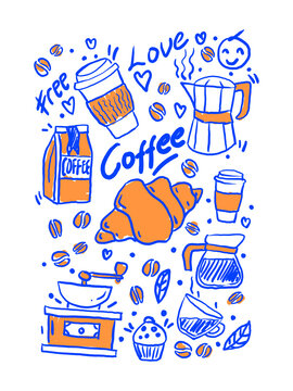 Hand-Drawn Coffee and Croissant Doodle Art with "Coffee" Text