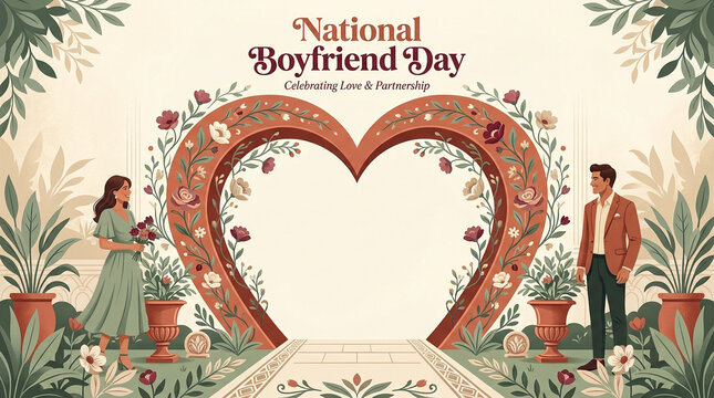 National Boyfriend Day celebration vector. Romantic couple standing under heart arch. Vintage floral illustration with plants. Social media design template for love and partnership.