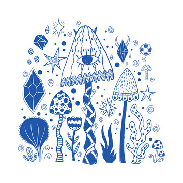 Whimsical Blue Mushroom Forest with Crystals and Stars