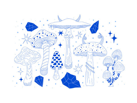 Mystical Blue Mushroom  Crystal Illustration Fantasy Forest Magic Art