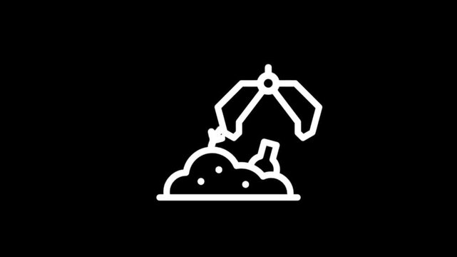 Abstract white icon of a rocket launching from a pile of debris on black background