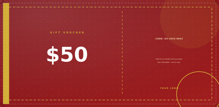 Red modern gift voucher card layout template with fifty dollars discount code or Fresh local cafe social media banner template design