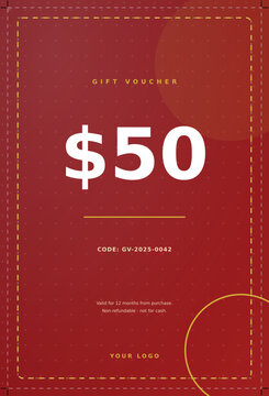 Red modern gift voucher card layout template with fifty dollars discount code or Fresh local cafe social media banner template design