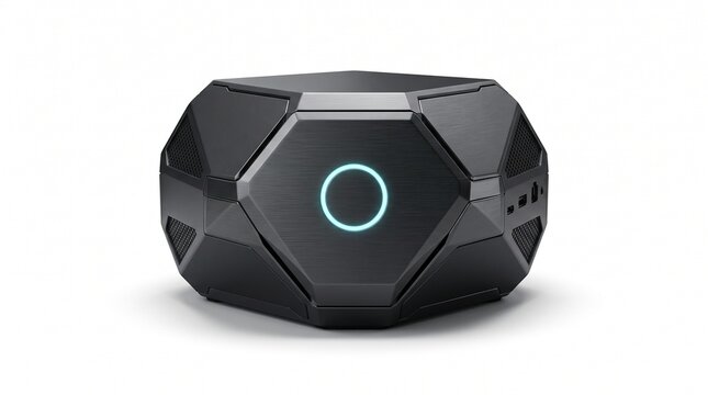 Futuristic black geometric smart speaker, sleek polygonal wireless audio device, modern matte tech gadget with glowing blue ring