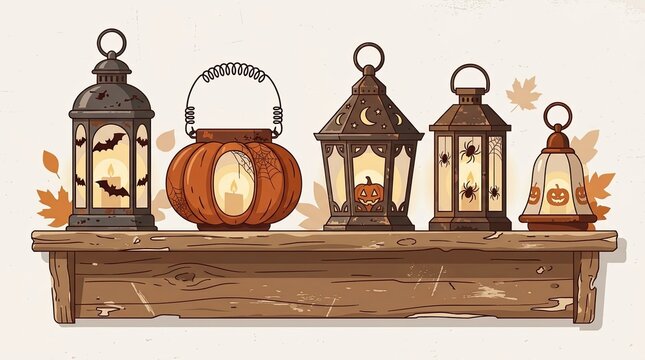 Rustic Halloween Lantern Collection on an Old Wooden Shelf