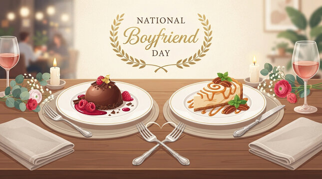 National Boyfriend Day banner with romantic dinner table, chocolate dessert, cinnamon roll, wine glasses, heart-shaped cutlery, and candles on wooden background