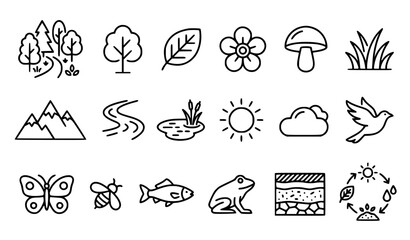 Obraz premium Ecosystem Nature Thin Line Editable Stroke Black White Vector Icon Set