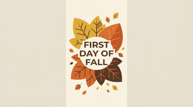 First day of fall typography design; autumn leaf greeting card layout; seasonal autumn leave logo label template; fall seasonal graphic