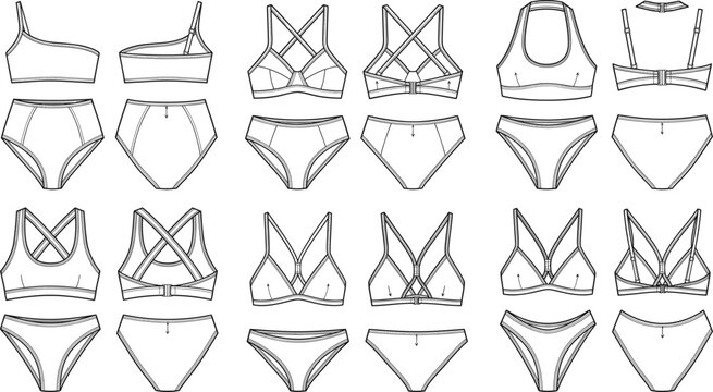 Women bikini and lingerie technical flat sketch vector template collection front and back view