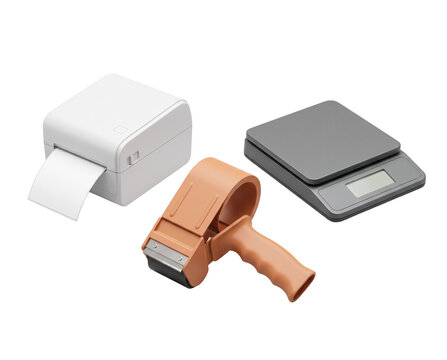 Compact Thermal Label Printer Package Scale and Handheld Tape Dispenser for Shipping Logistics