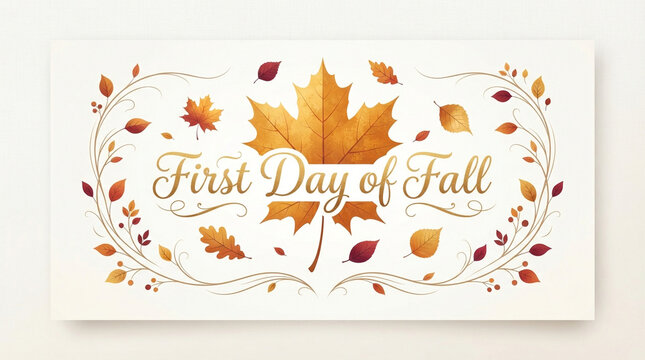 Autumn Season Greeting Card Design, First Day of Fall Typography, Maple Leaf Border, Elegant Calligraphy Illustration, Nature Background Template, Seasonal Decoration Poster