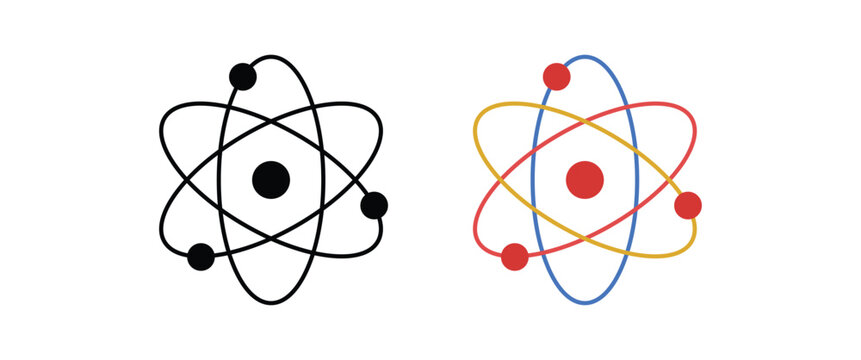 atom icon set. black and colorful science nucleus electron orbital rings for physics chemistry research