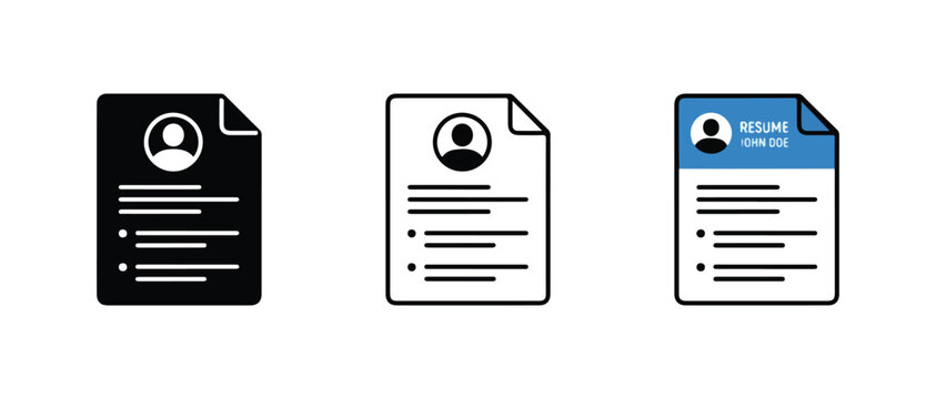 resume document icons with person silhouette and text placeholder designs isolated on clear background