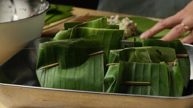 Indonesian Spiced Tofu Wrapped in Banana Leaves and Steamed