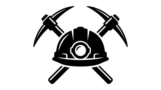 Black and white mining icon featuring a hard hat helmet and two crossed pickaxe tools for construction and industry