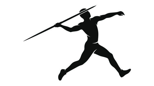 Black silhouette of an athletic man throwing a javelin in a powerful motion during a track and field sports competition