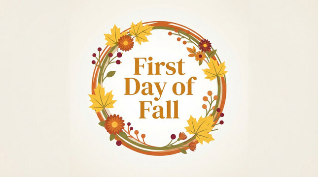 First Day of fall decorative wreath design with autumn leaves and berries, retro seasonal graphic symbol, orange and yellow circular frame on cream background for seasonal greeting cards and