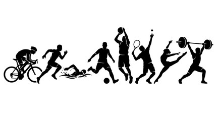 Obraz premium Black silhouettes of athletes practicing various sports like cycling running swimming soccer basketball and weightlifting