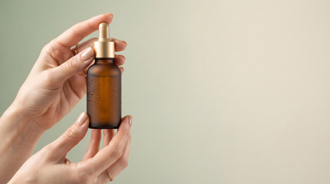 Woman holding a brown glass dropper bottle with serum, skincare product mockup
