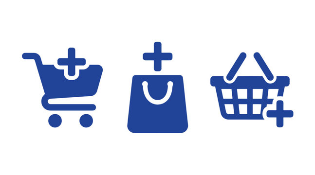 Set of blue shopping icons including cart bag and basket with add symbol for online retail e commerce shopping ecommerce business purchase consumer commercial checkout