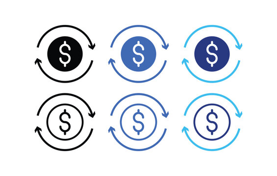 money transfer dollar sign icon set. black and blue currency exchange sign. Turnover and Return on Investment icons. refund cashback transaction circular arrow symbols