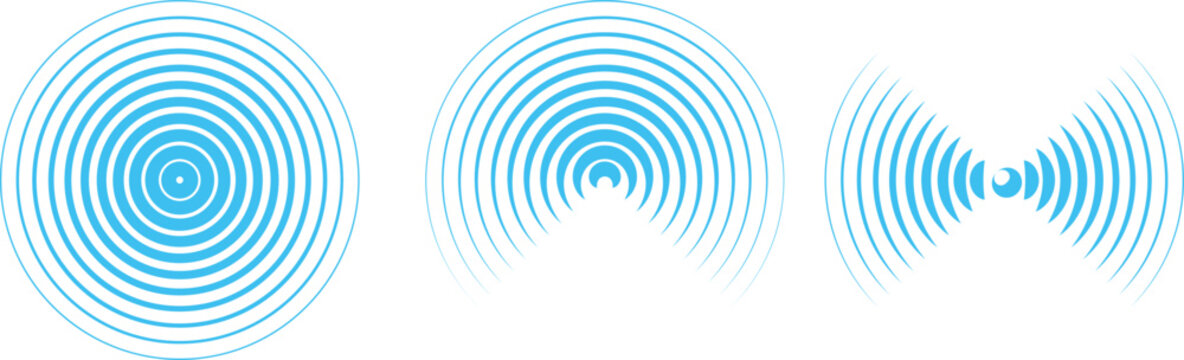 concentric ripple circle icon set blue. radio signal sound wave sign. sonar radar pulse signal vibration symbols
