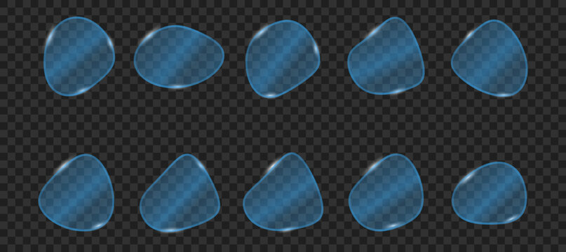 translucent blue glass morphism set. Liquid glass effect glossy. 3d Empty glass Silver glow organic pebble shapes