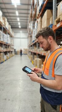 A diligent warehouse worker meticulously scans inventory items using a handheld digital device amidst towering shelves of goods in a modern distribution facility