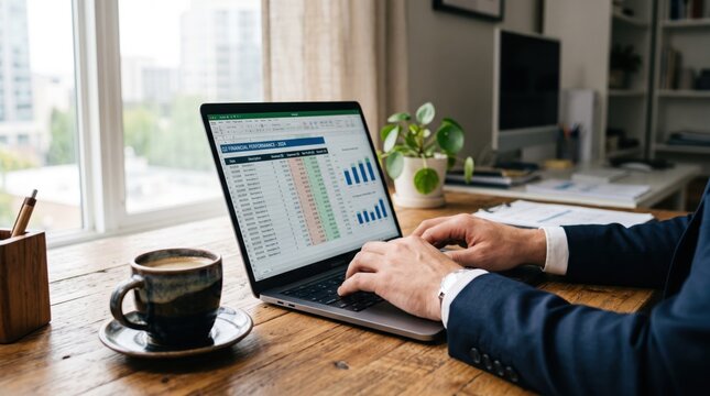 Professional hands typing on laptop keyboard analyzing financial performance report spreadsheet with bar charts on wooden desk next to coffee cup in home office setting.